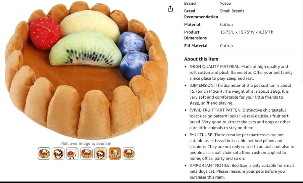 Cat bed product description on Amazon