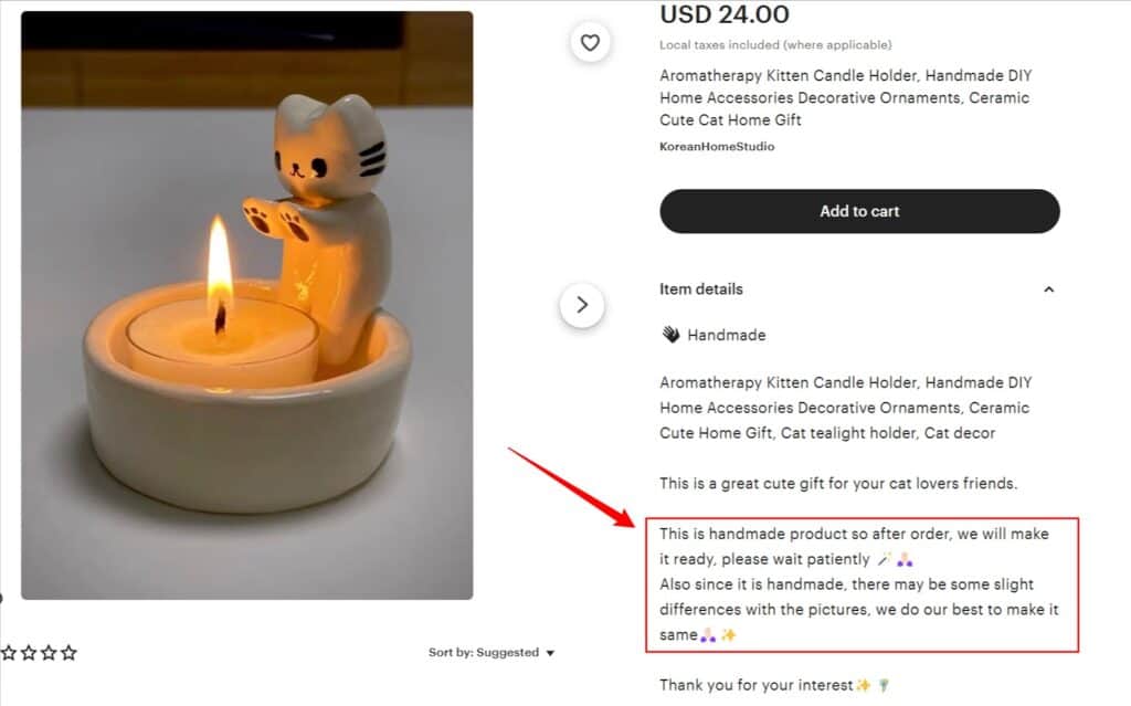 Description of a handmade product on Etsy