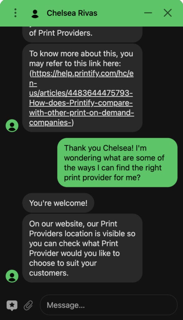 Printify customer service testing eample